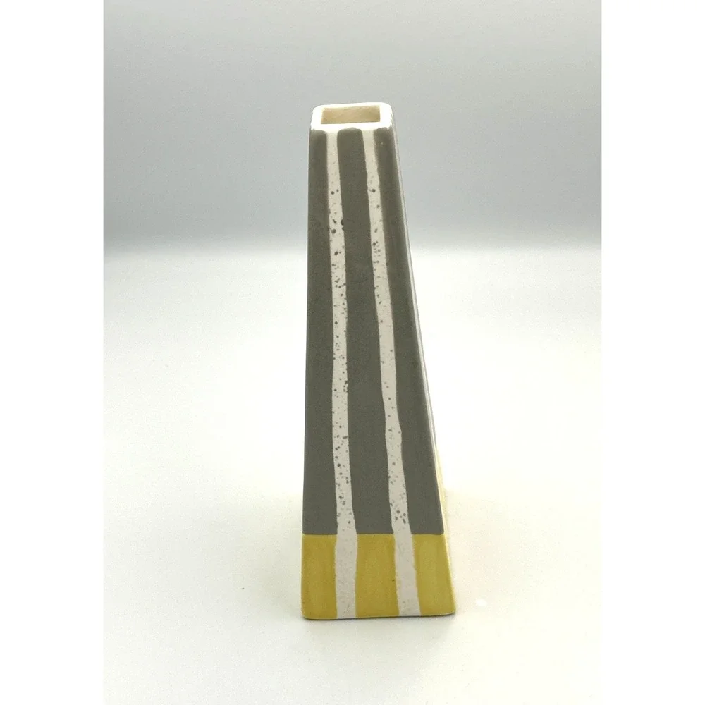 Ceramic Vase Abstract‎ Striped Yellow White & Gray Made in Vietnam #18431 Modern